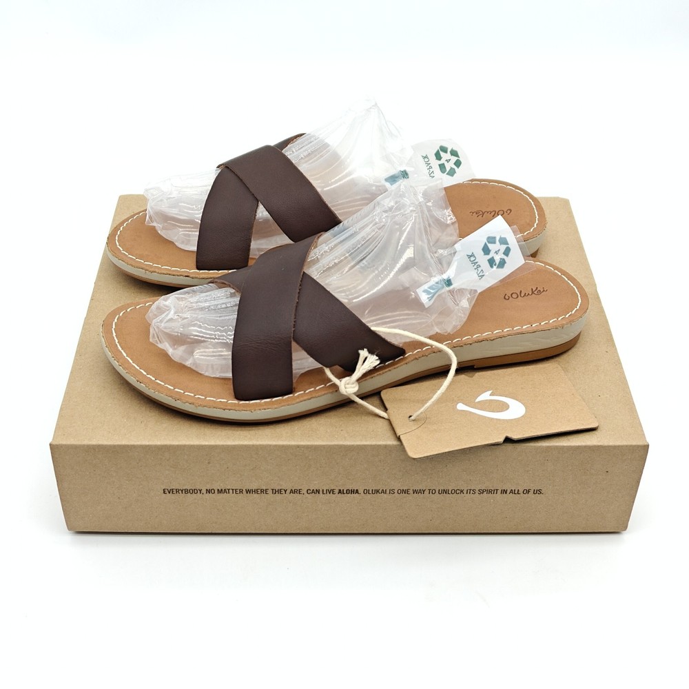 OluKai Ke'a Women’s Leather Slide Sandal Brown Sandals Sz 7