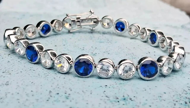 7Ct Round Lab Diamond & Sapphire Bezel Bracelet for Women 7.5 Inch