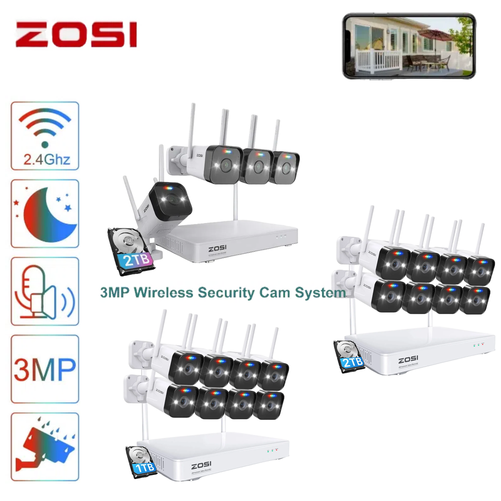 ZOSI 3MP Wireless Security IP Wi-Fi Outdoor Camera System Two-Way Audio 1TB/2TB