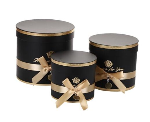 Set of 3 Cylinder Luxury Flower Boxes with Lids Round Florist Gift Ribbon Black