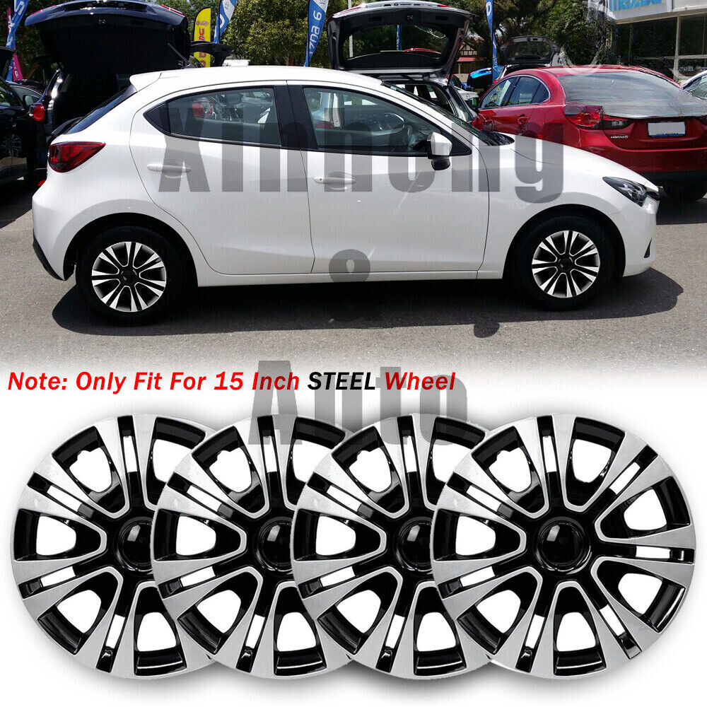 4 R15 Steel Rims with Snap-On Hubcaps for Mazda 2 2011-2014