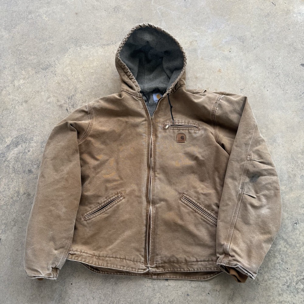 Carhartt Mens XL Brown Distressed Sherpa Lined Hooded Jacket J141211