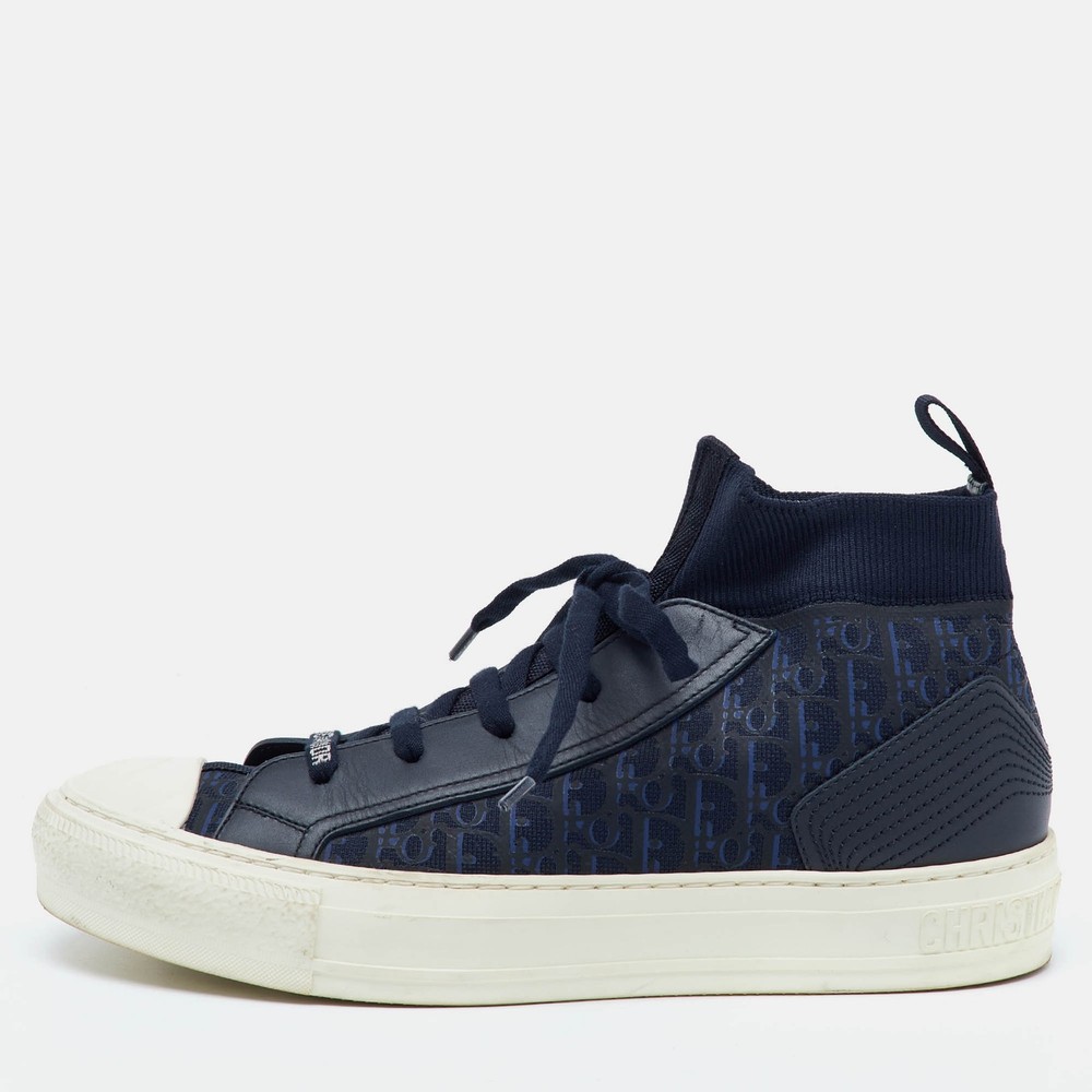 Dior Navy Blue Knit and Leather Walk'n'Dior Mid Sneakers Size 39