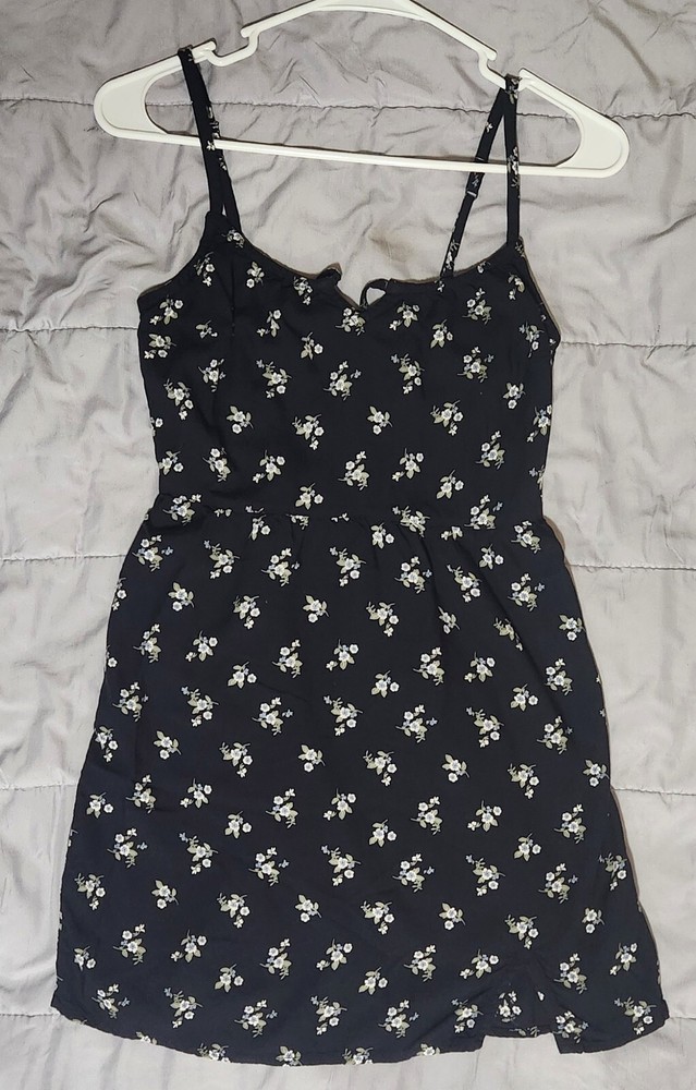 Hollister Womens Small Black W/ White&Blue Flowers Spaghetti Strap Dress