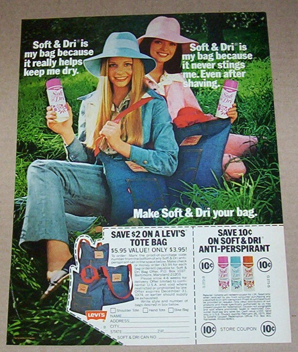 1974 print ad - Soft & Dri - GIRLS Levi's bag Gillette old coupon Advertising-image