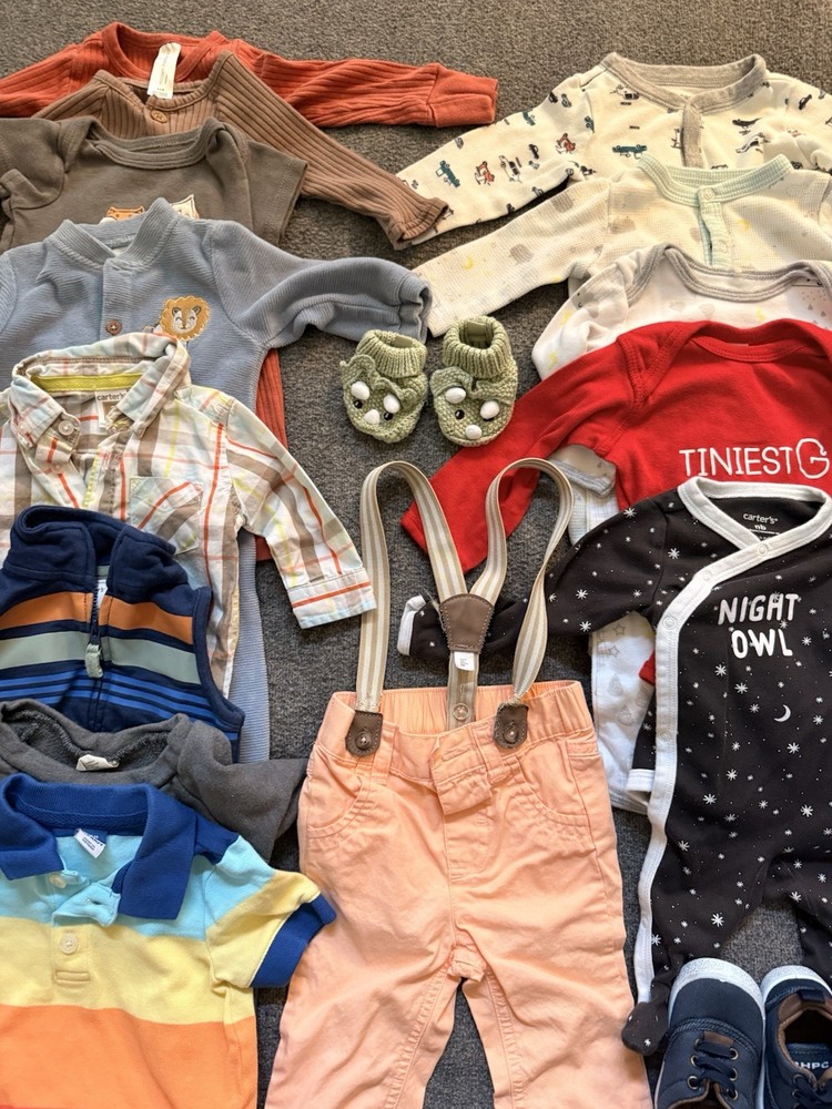 Baby Boys Clothes Lot of 16 Pieces Size 0-3, 3-6, 6-9, 12m, Shoes Size 2