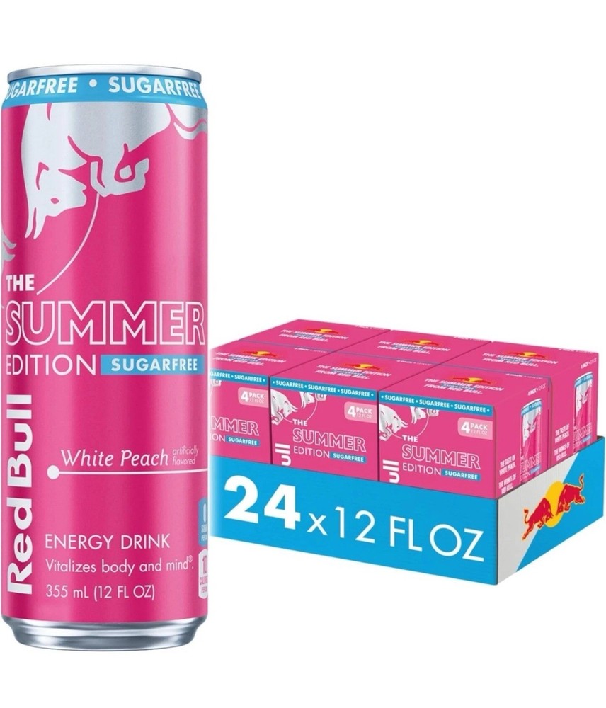 24 pack Red Bull summer Edition Sugar Free White Peach 12 Fl Oz Cans