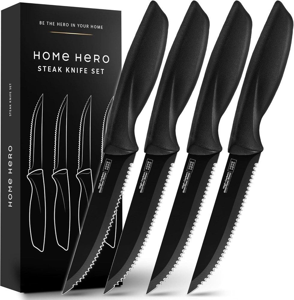 Home Hero Sharp High-Carbon 4-Piece Steak Knife Set in Black