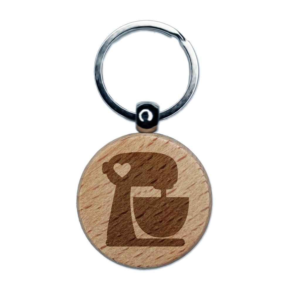 Baking Mixer with Heart Baker Engraved Wood Round Keychain Tag Charm