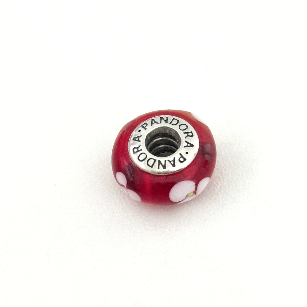 Pandora Red White Floral Murano Glass Sterling Silver Bead Charm