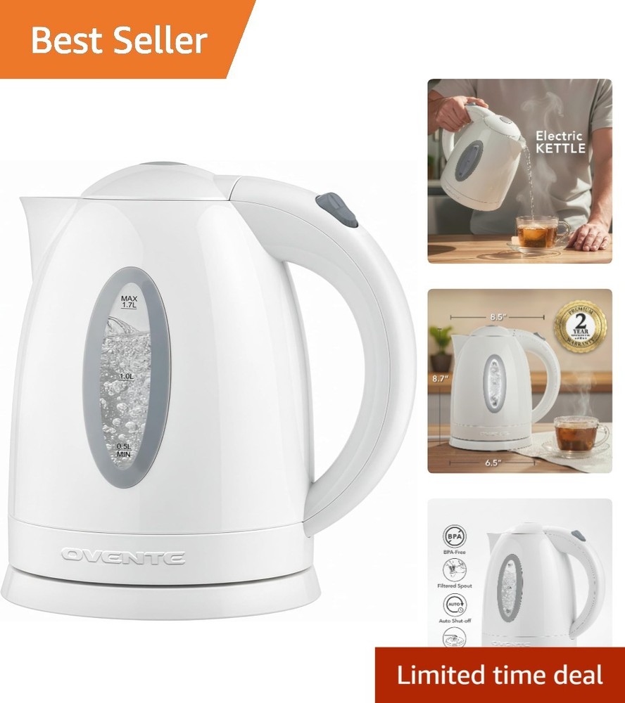 1.7L White Electric Kettle: Fast Heat, Auto Shut-Off & Removable Filter - KP72W