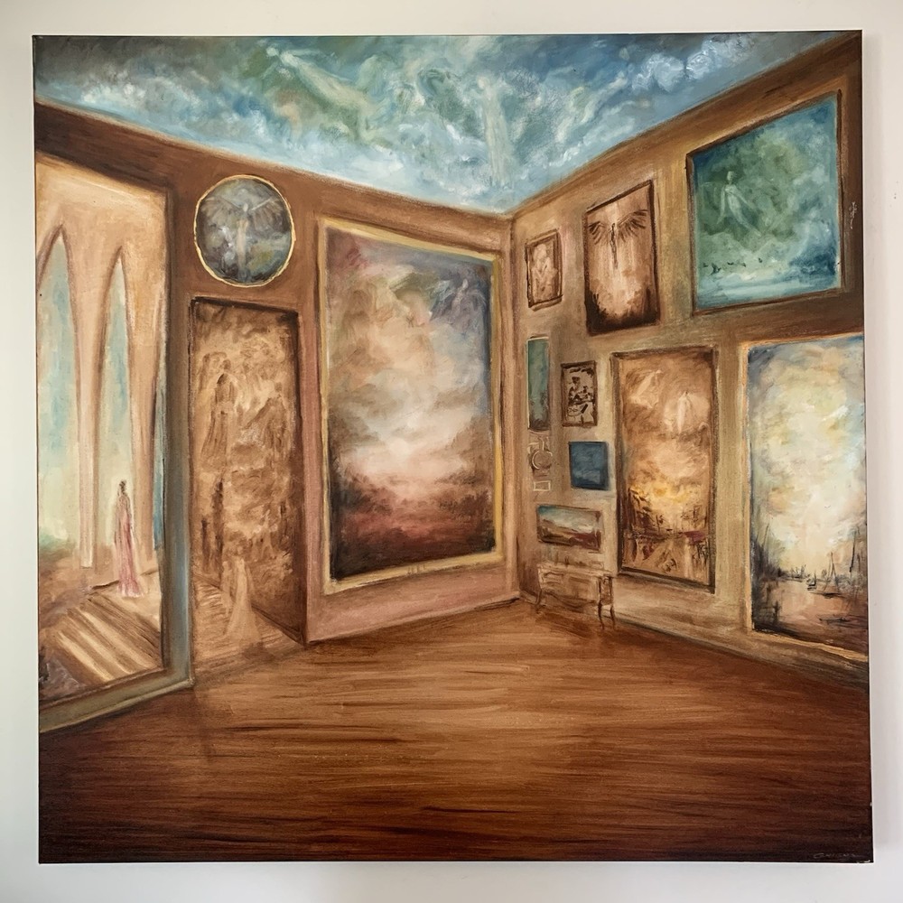 Large 48x48” Original Surreal Oil Painting “Gallery of Dreams” Signed Fine Art