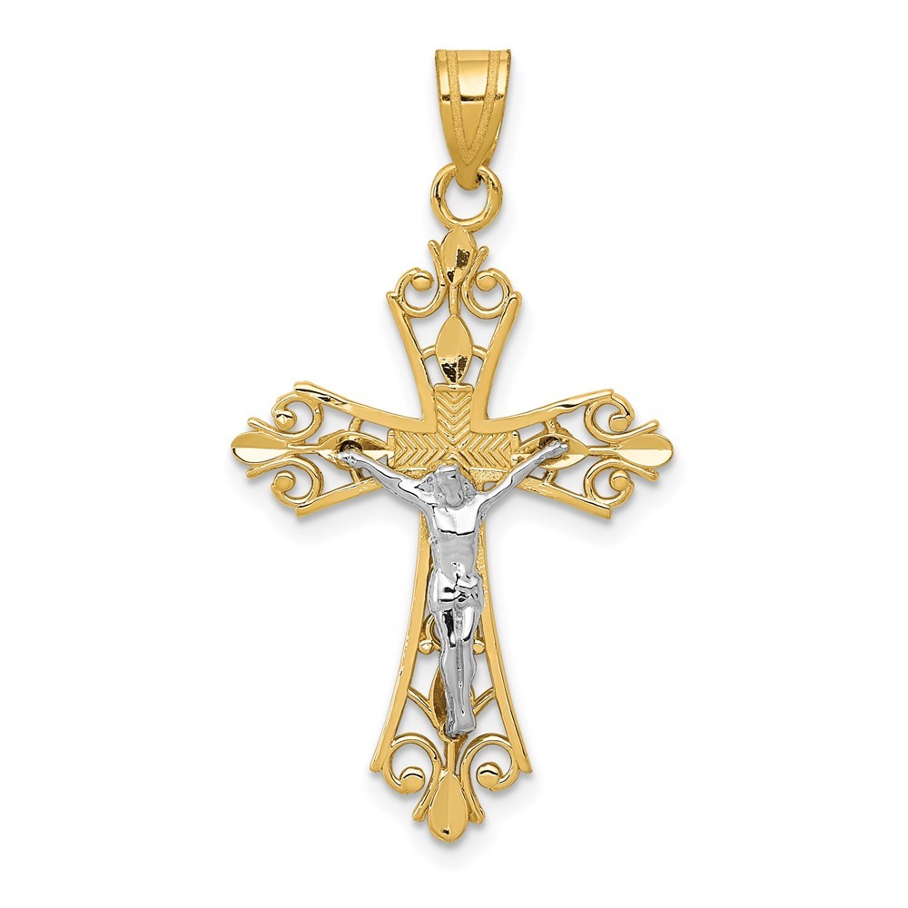 10K Two-tone Gold Cross Crucifix Pendant L-1.38 Inch, W-0.79 Inch
