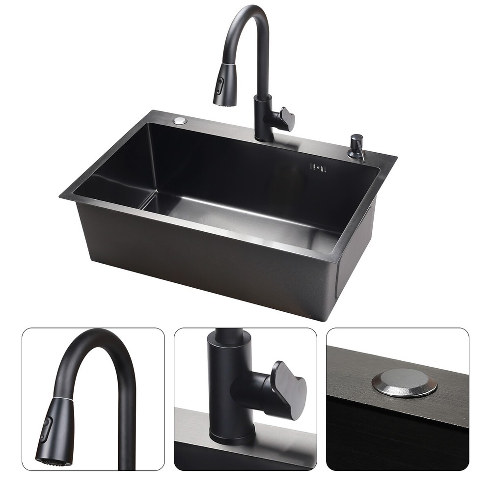 Balck Single Bowl Kitchen Sink 304 Stainles Steel w/ Pull-out Faucet 29.5in USA