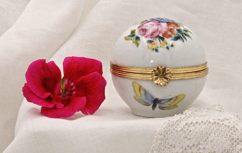 Limoges, France Artoria Round Trinket box with butterflies, moths, flowers
