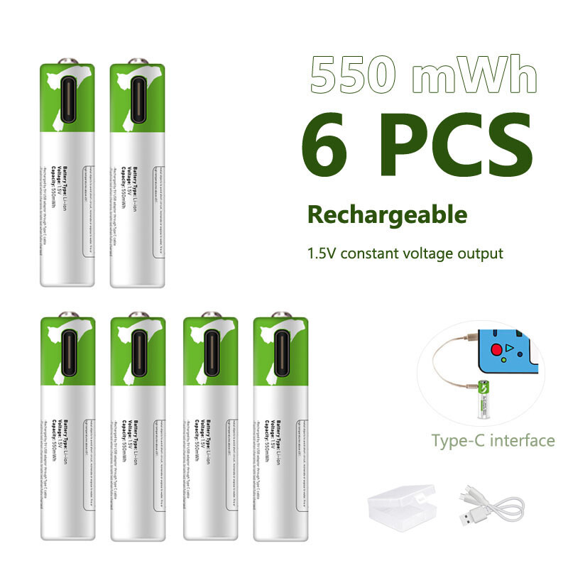 6PCS USB AAA Li-ion 1.5V Fast Charge Battery with Type C Cable 750mWh