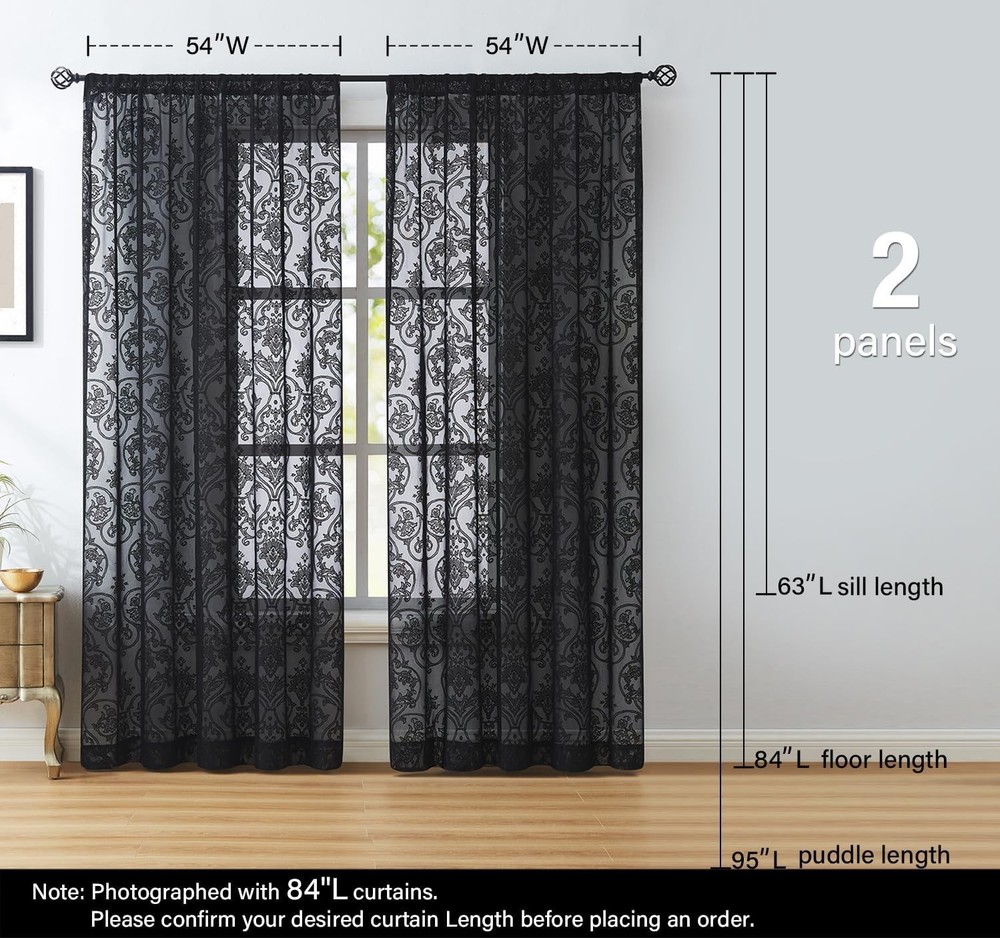 Damask Lace Sheer Curtains Black - Vintage 54