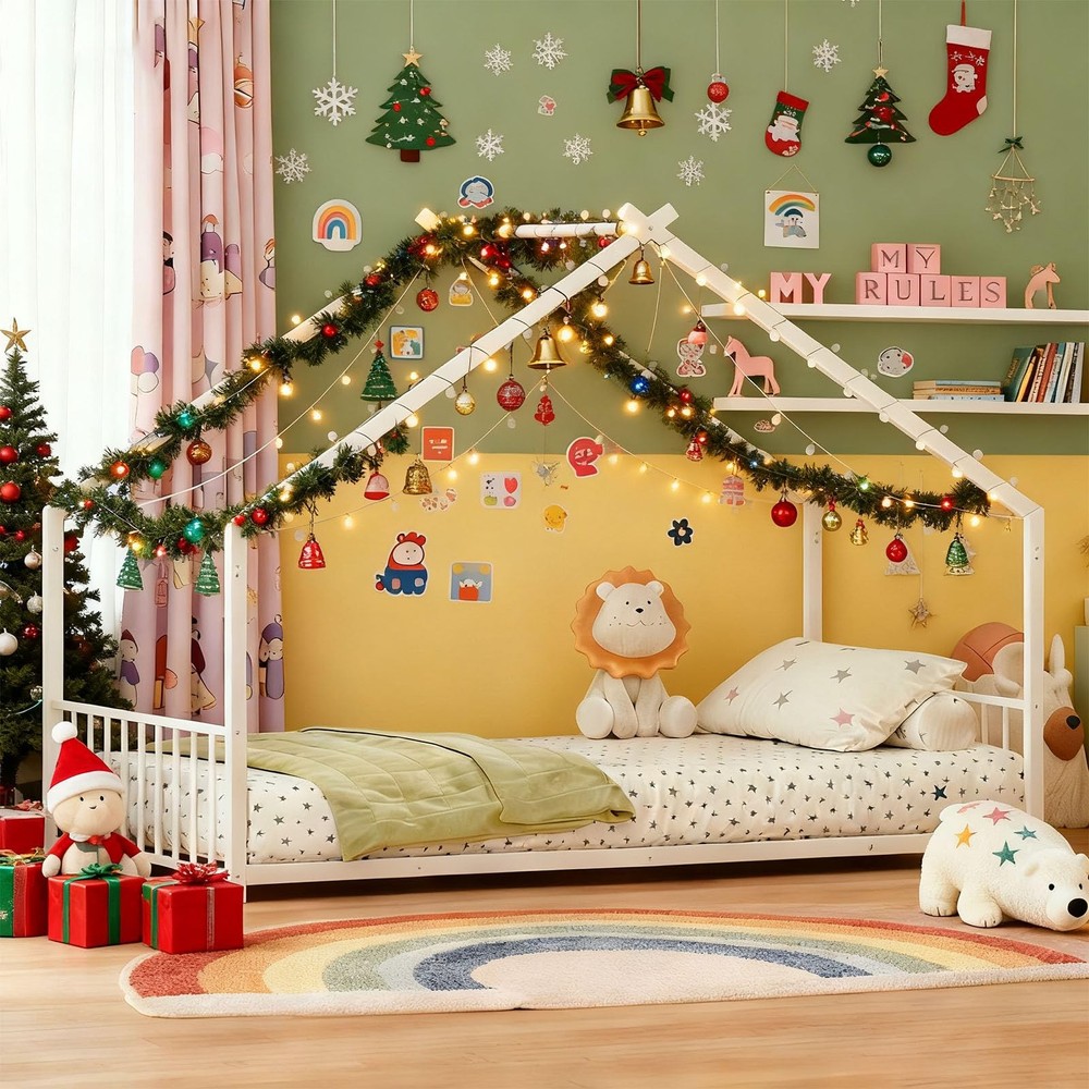 Twin Size Floor Bed Frame with Light Strips, Metal Montessori Floor Beds with...