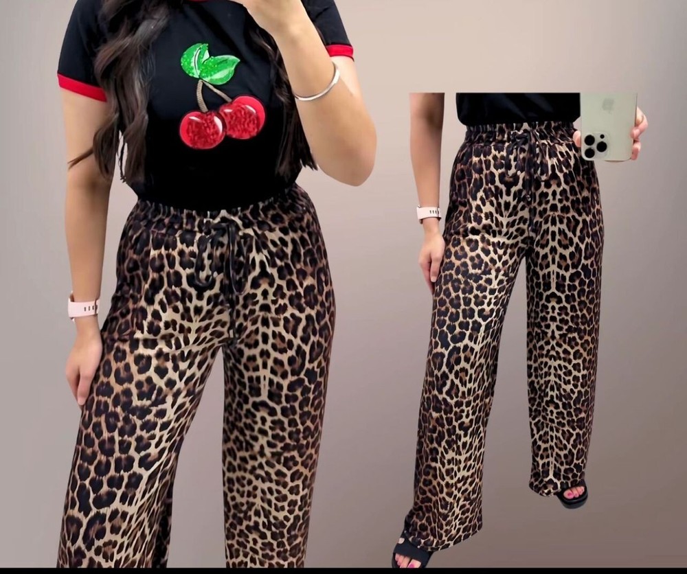 Ladies Leopard Animal Print High Waist Bottoms Pants Summer Wear Flared Trousers