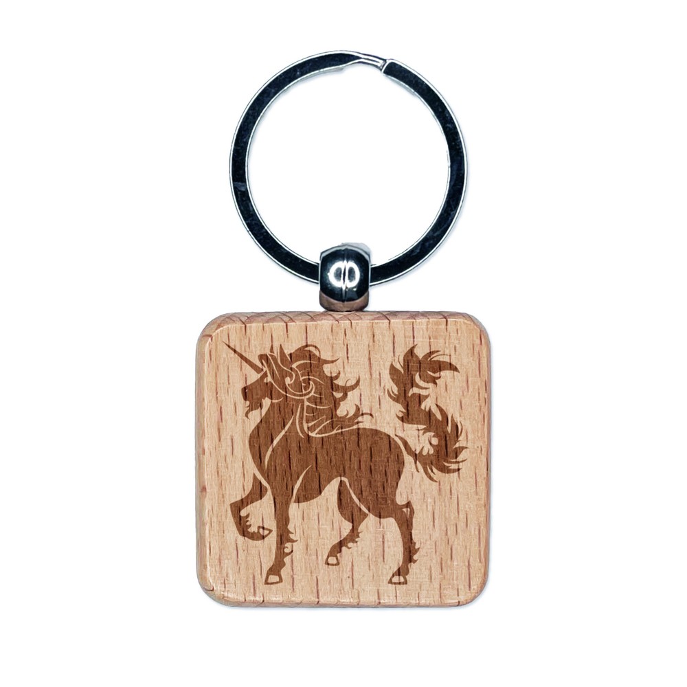 Heraldic Majestic Unicorn Engraved Wood Square Keychain Tag Charm