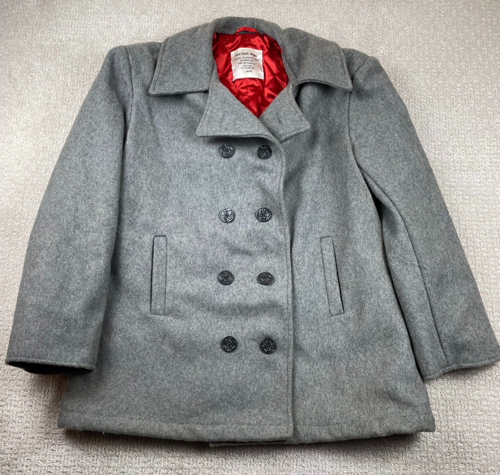 Vintage Military Pea Coat Mens Large Gray Wool Blend Double Breasted Quilt Lined