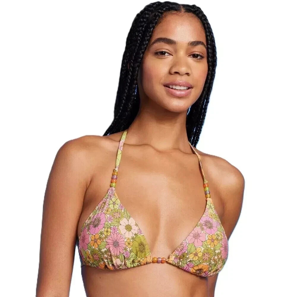 Women's Beaded Strap Triangle Bikini Top - Wild Fable Pink Lurex Floral Print XS
