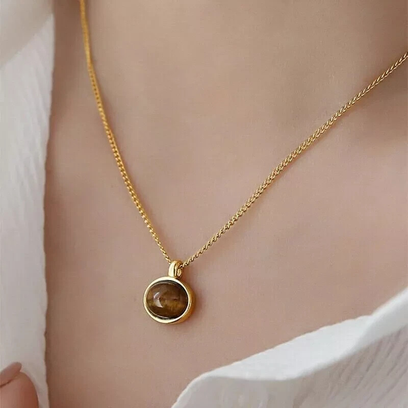 Fashion Woman 14K Gold Plated Tiger Eye Oval Charm Chain Necklace