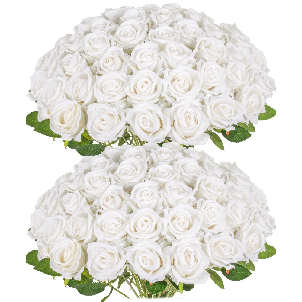 50PCS Fake White Roses, Artificial White Flowers Bulk Realistic Silk Faux Whi...