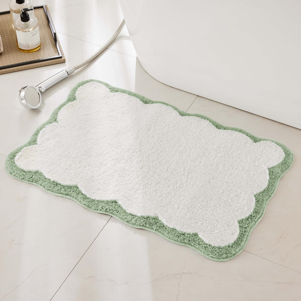 Luxury Microfiber Bathroom Rugs, White Bath Rug with Sage Green Scalloped Piping