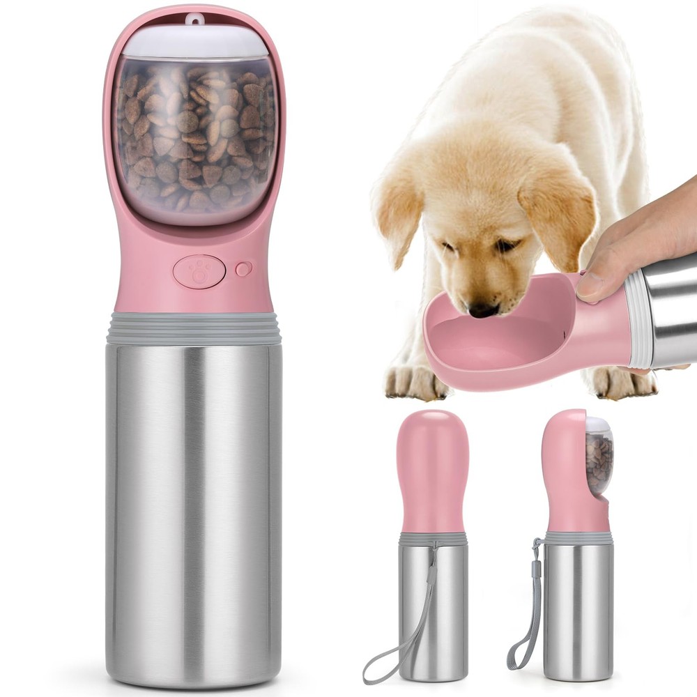 Best Portable Dog Water Bottle with Food Container 14 OZ, Stainless Steel Leak