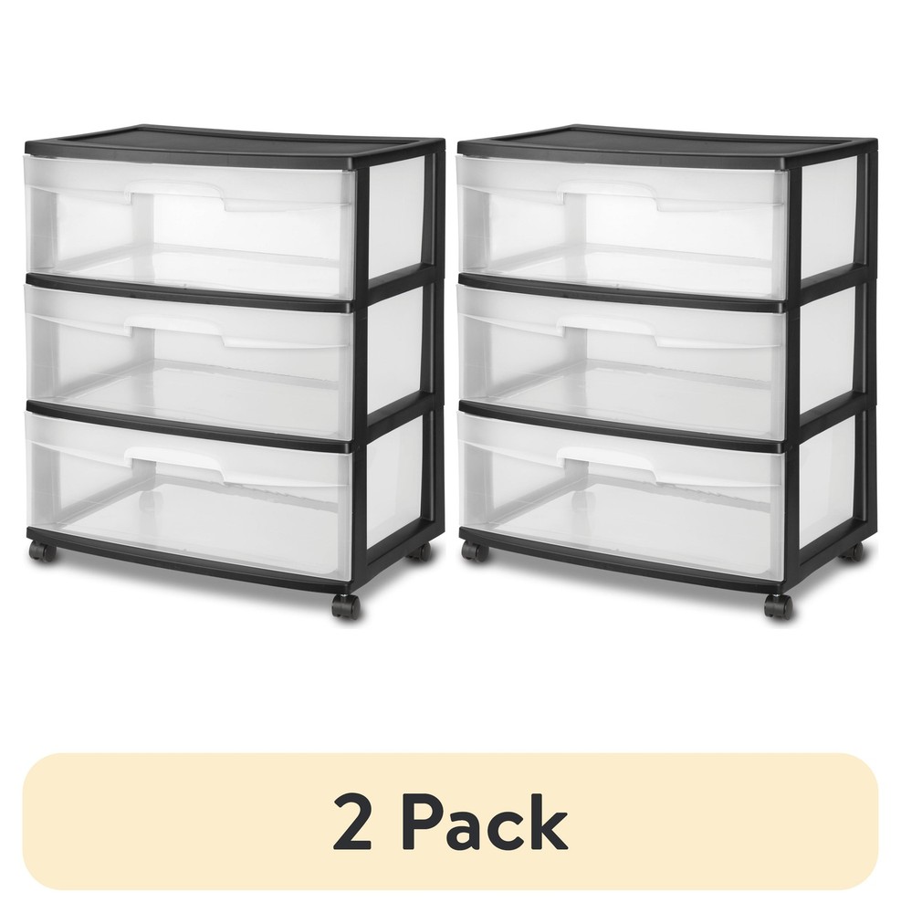 2-Tier Sterilite Rolling Cart with Clear Drawers & Casters - Black