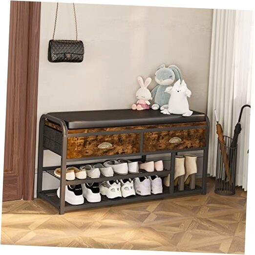 3-Tier Shoe Bench with Cushion and 2 Drawers for Entryway Storage