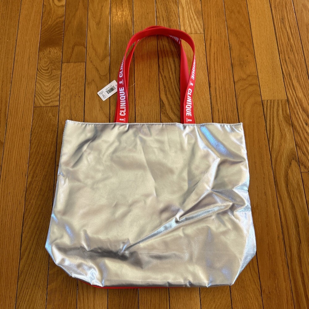 Clinique Womens Silver Red Reusable Beach Tote Shoulder Bag