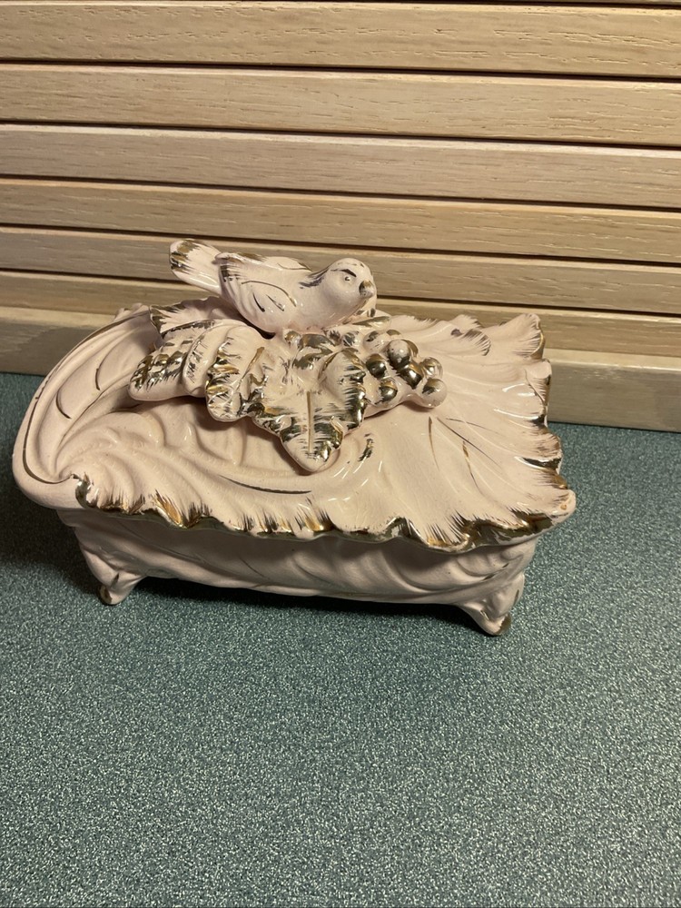 Vintage Decorative Trinket Box / Jewelry Box Pink And Gold With Bird