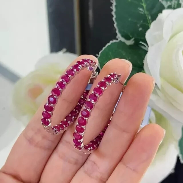 2Ct Oval Cut Simulated Red Ruby Womens Trendy Hoop Earring 14K White Gold Plated