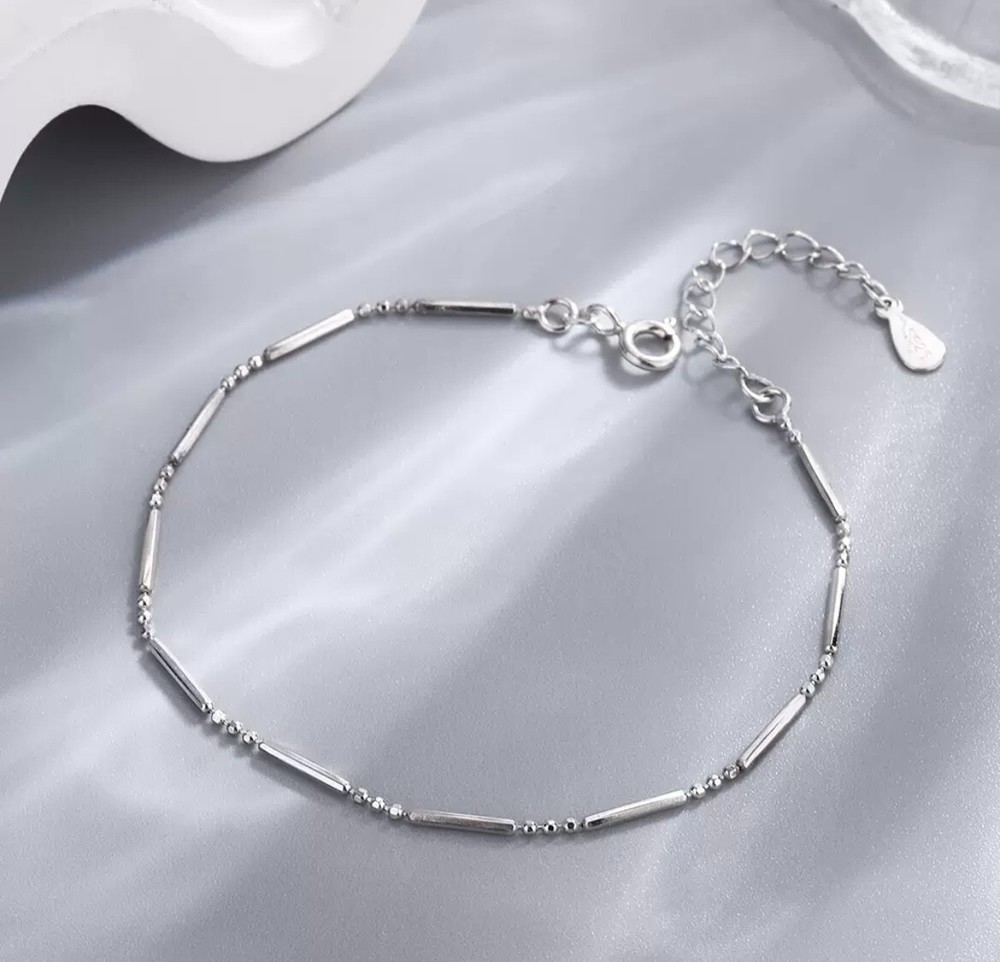 Woman Real s925 Sterling Silver Thin Cute Bead&Oval Chain Bracelet Bangle