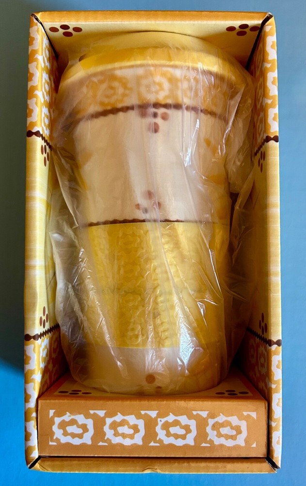 New Temptations Old World Patten 16 oz Ceramic Travel Coffee Mug with Lid Yellow