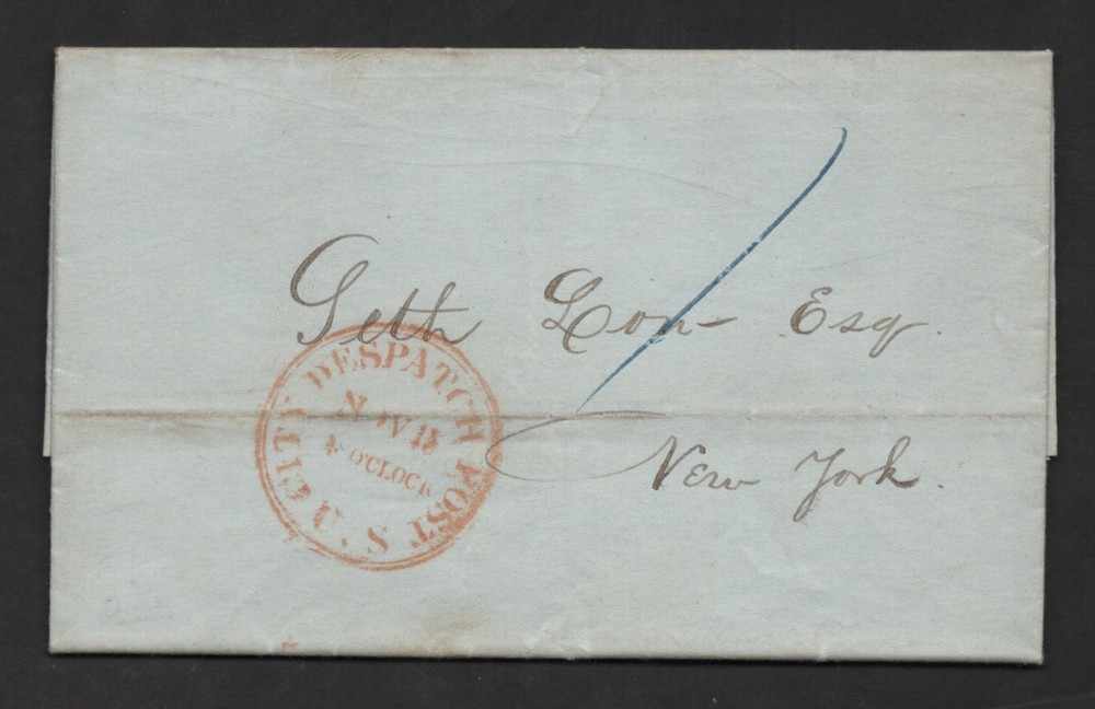 US 1842 N.Y. CITY DISPATCH DATED MARKING DOUBLE CIRCLE IN RED ON FOLDED LETTER