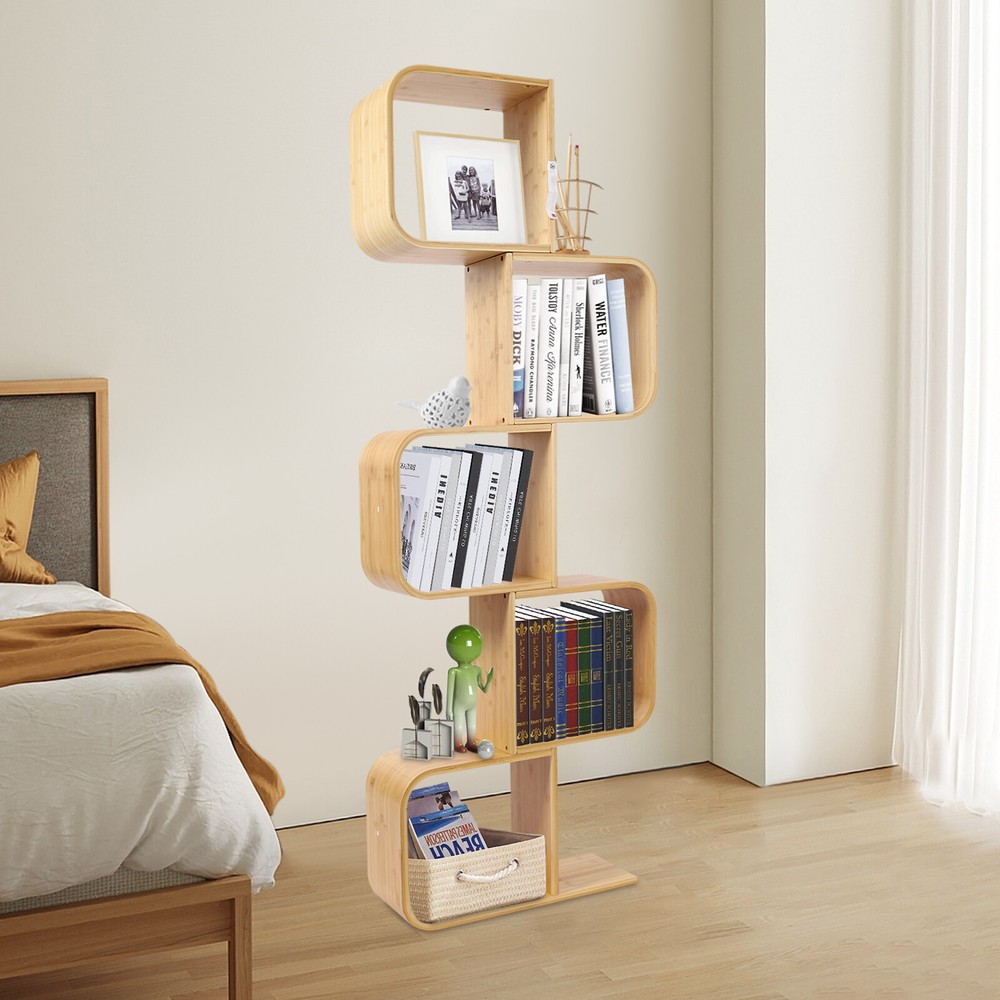 5 Tier S-Shape Wood Bookcase Geometric Display Shelf Room Divider Storage