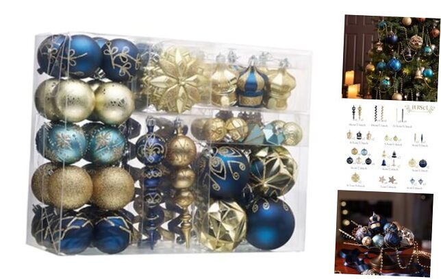Christmas Tree Decorations Set, 108ct Blue and Gold Shatterproof Christmas