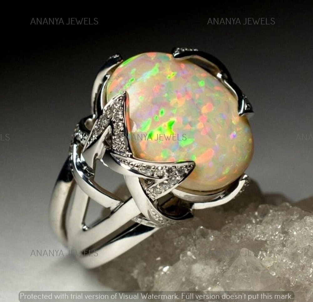 4CT Oval Lab-Created Fire Opal Men's Engagement Ring in 14K White Gold