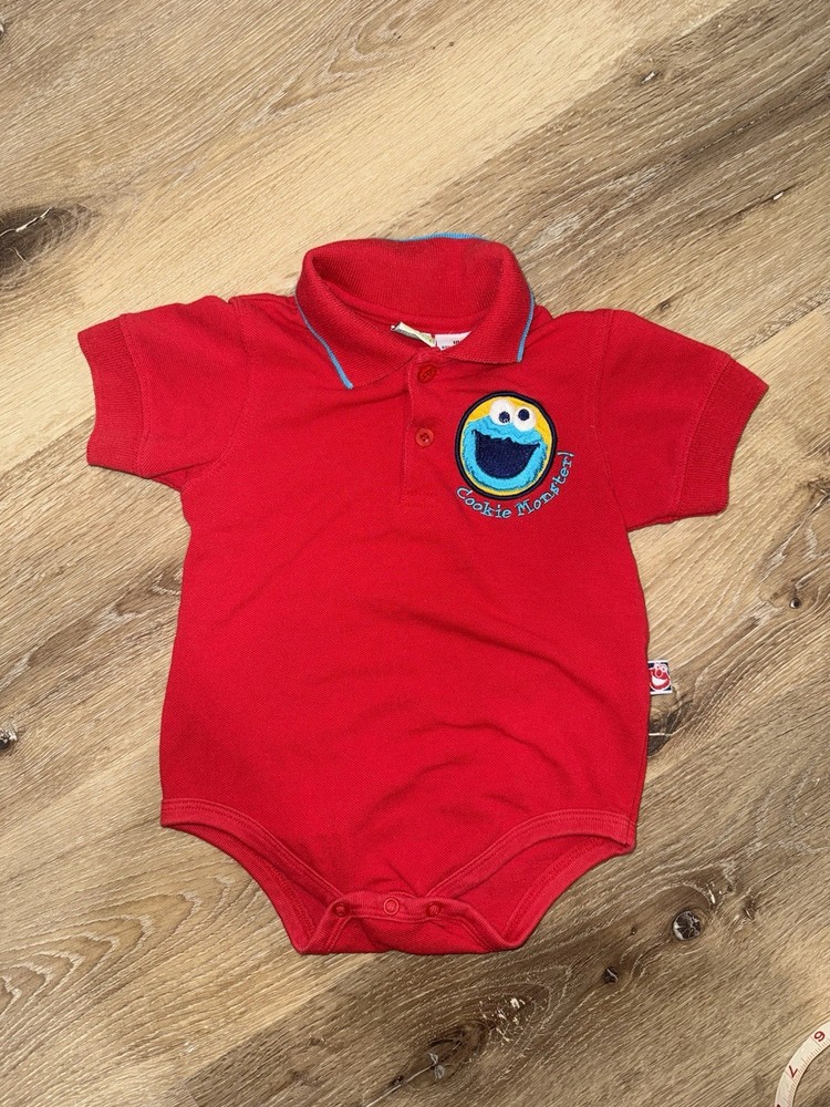 Vintage 90s Sesame Street Snap Romper Kids 18M Red Baby