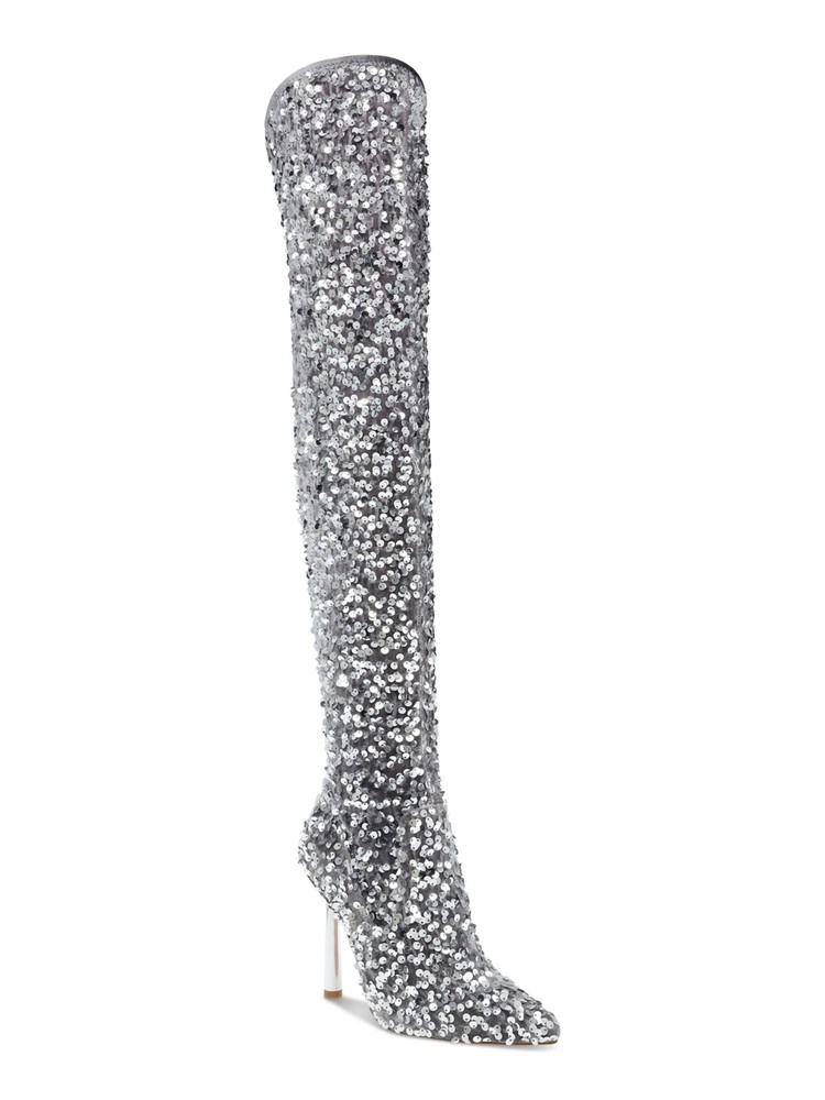 STEVE MADDEN Womens Silver Sequined Vivee Toe Sculpted Heel Heeled Boots 6 M