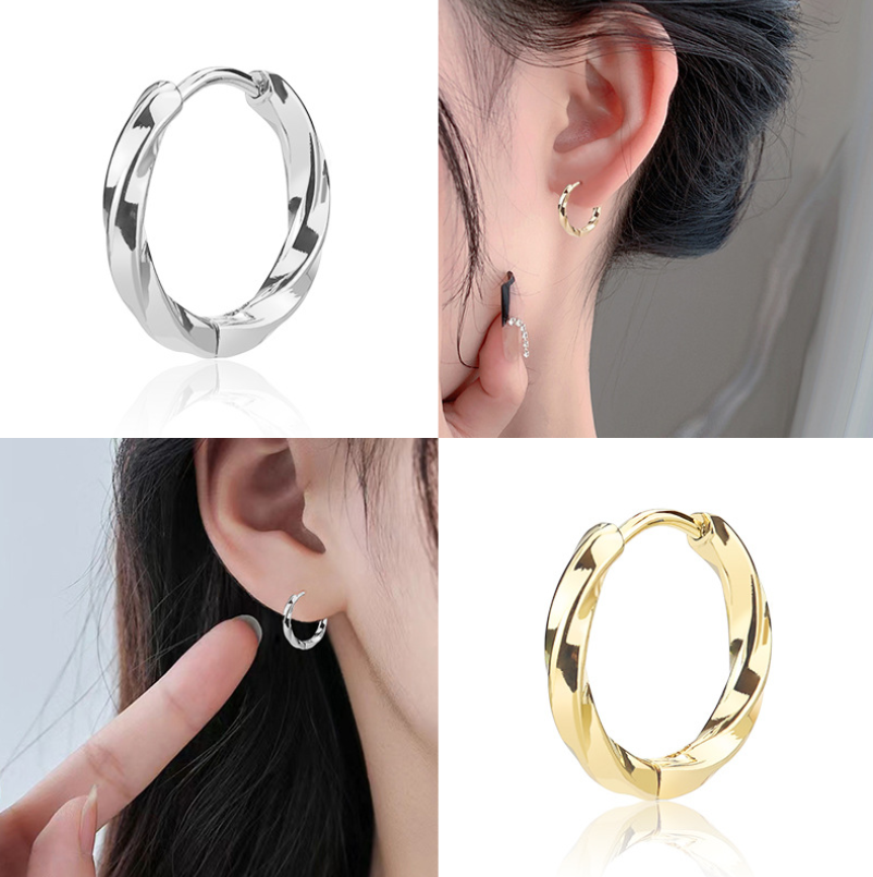 Women's 316L Stainless Steel Twisted Huggie Hoop Earrings in Silver & Gold