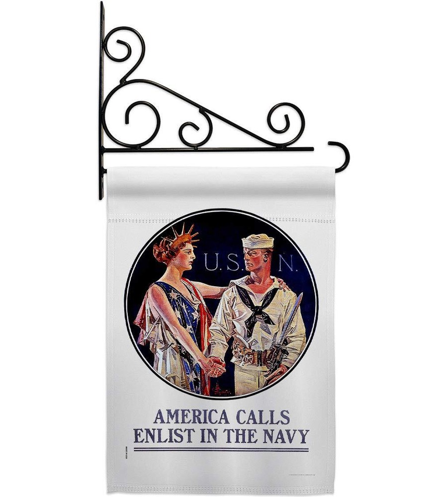 Enlist in The Navy Garden Flag Set Wall Holder Armed Forces USN Seabee United...
