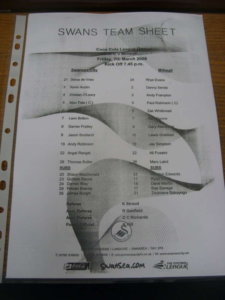07/03/2008 Teamsheet: Swansea City v Millwall  (Single Sheet, Black & White Vers