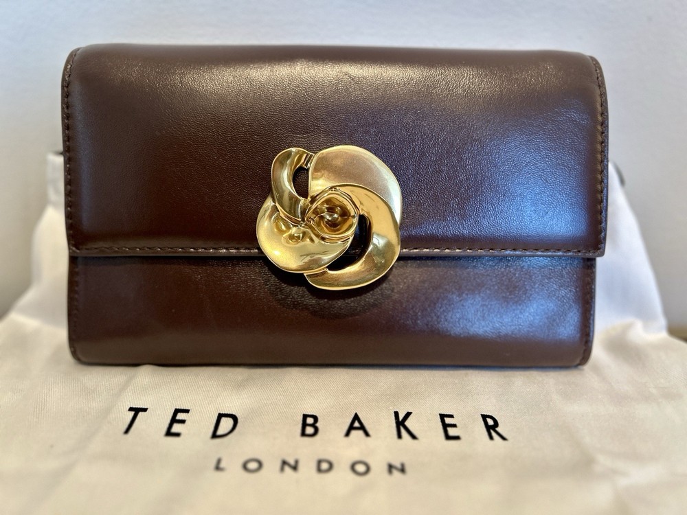 TED BAKER London Brown Leather Kira Rose Convertible Crossbody Clutch