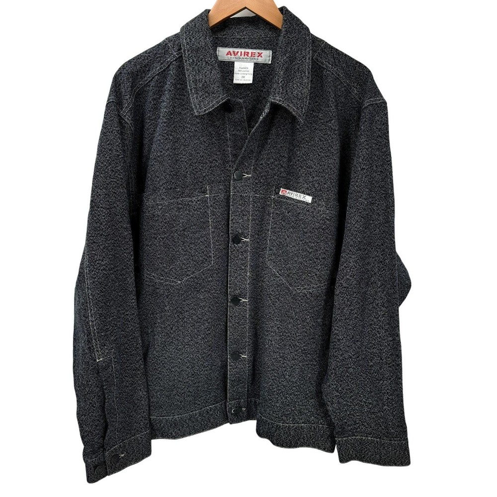Vintage Avirex Jacket Mens 2X Gray Blue Denim Button Up Logo Patch Y2K 90's