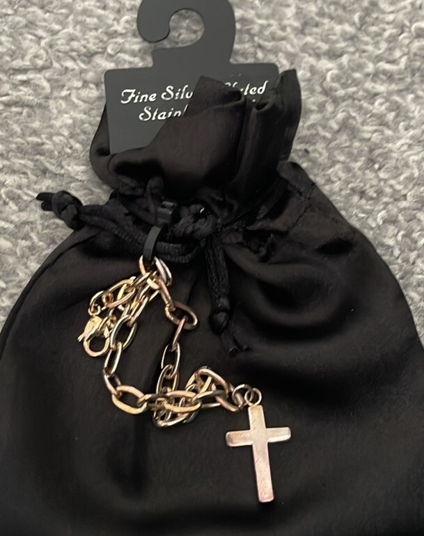 Sterling Silver-Plated Steel Cross Charm Bracelet  