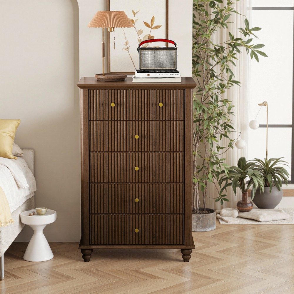 Dressing Table with Grooved Design Featuring 5 Drawers With Metal Handles